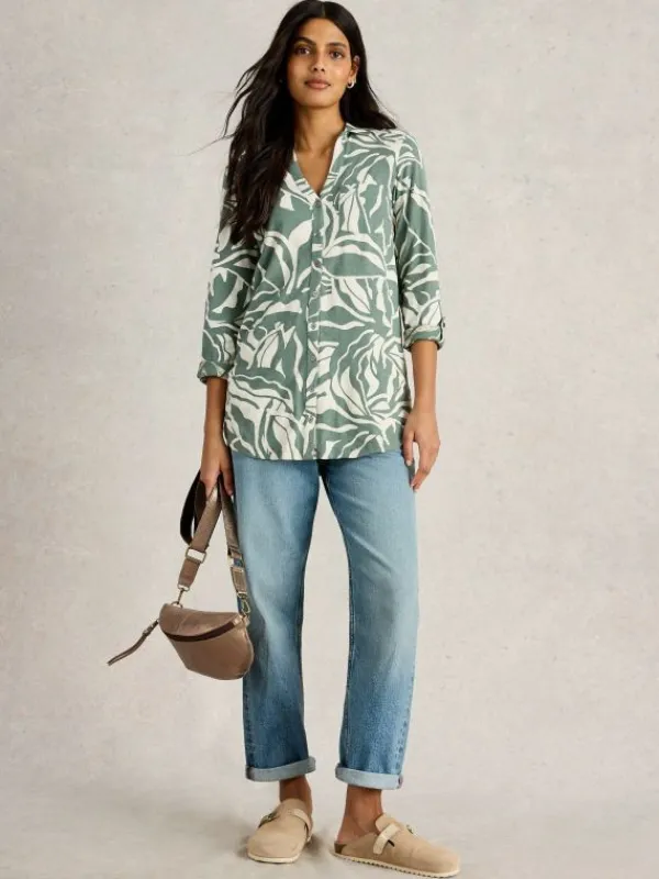 ANNIE COLLARED LONGLINE SHIRT in GREEN PRINT<White Stuff Hot