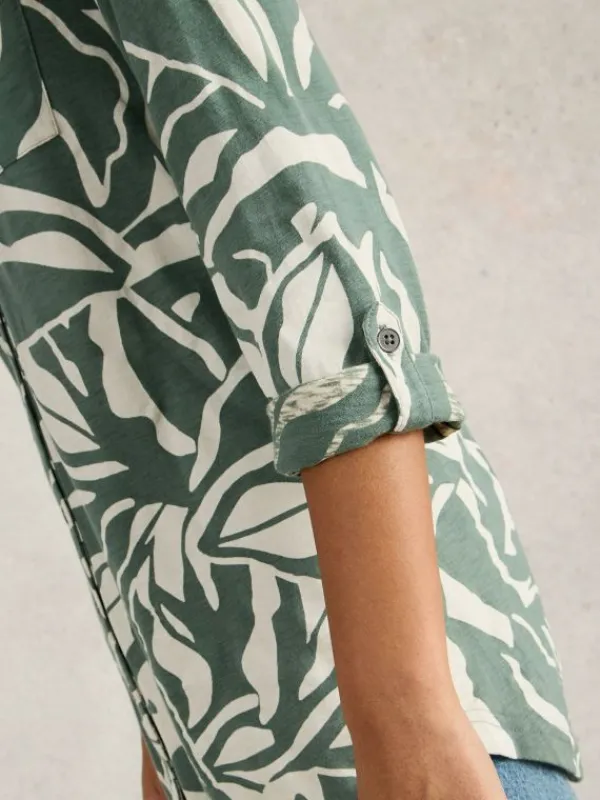 ANNIE COLLARED LONGLINE SHIRT in GREEN PRINT<White Stuff Hot