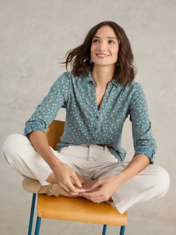 ANNIE JERSEY LONG SLEEVE SHIRT in TEAL PRINT<White Stuff Outlet