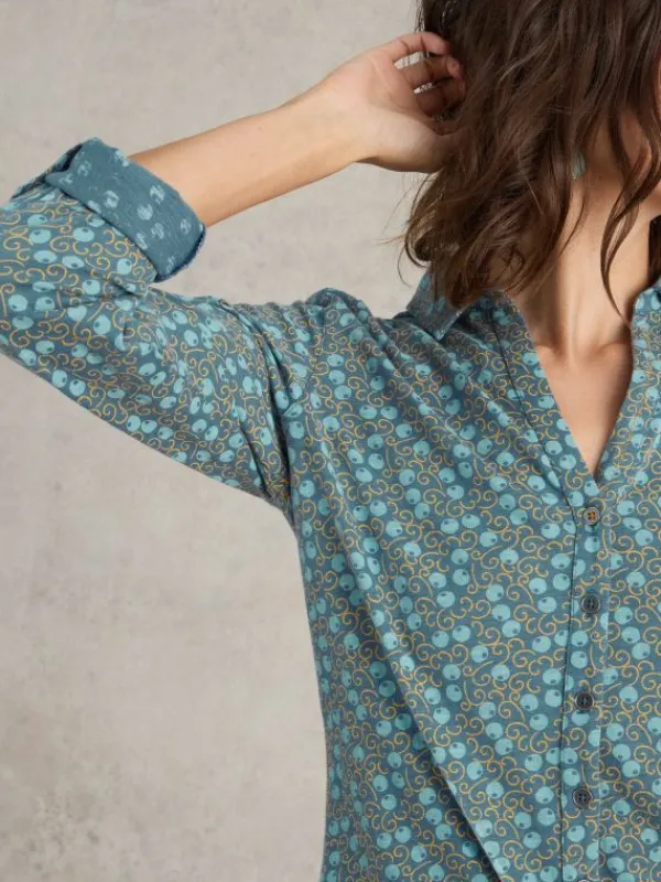ANNIE JERSEY LONG SLEEVE SHIRT in TEAL PRINT<White Stuff Outlet