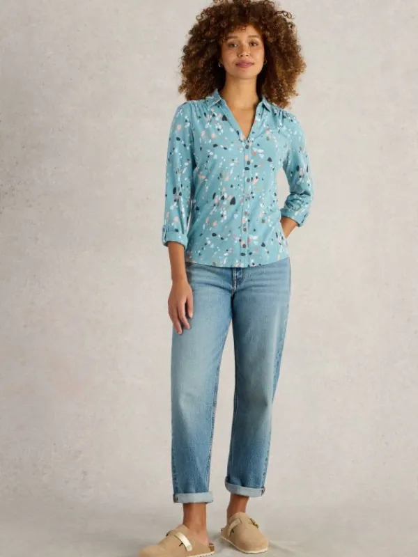 ANNIE LONG SLEEVE JERSEY SHIRT in TEAL PRINT<White Stuff Best