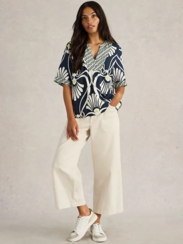 Ash Linen Blend Top in NAVY PRINT<White Stuff Outlet