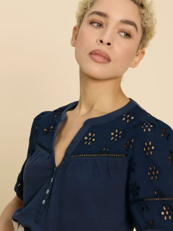 BELLA BRODERIE MIX TOP in FRENCH NAVY<White Stuff Clearance