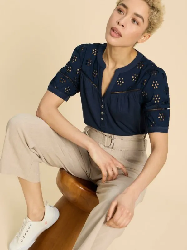 BELLA BRODERIE MIX TOP in FRENCH NAVY<White Stuff Clearance