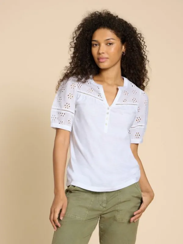 BELLA BRODERIE MIX TOP in BRILLIANT WHITE<White Stuff Clearance