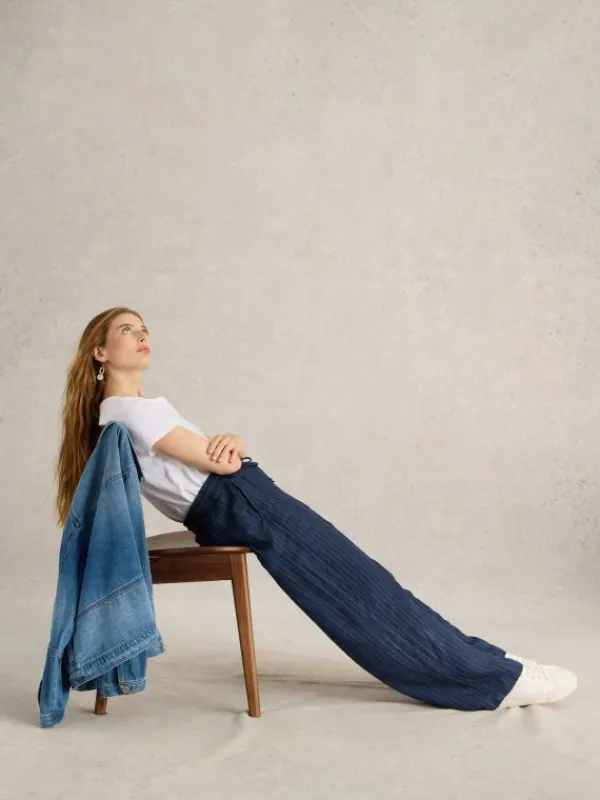 Belle Linen Wide Leg Trouser in NAVY MULTI<White Stuff Discount