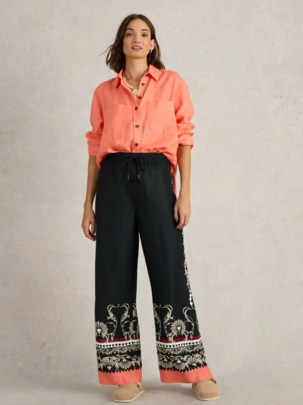 Belle Linen Wide Leg Trouser in BLACK PRINT<White Stuff Outlet