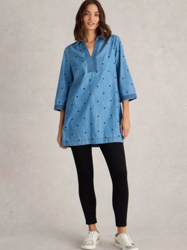 Blaire Denim Embroidered Tunic in MID DENIM<White Stuff Outlet