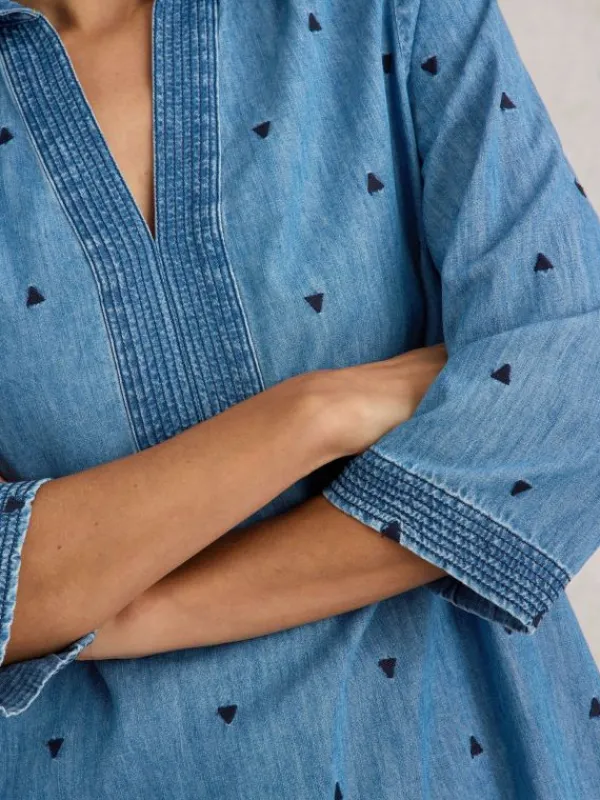 Blaire Denim Embroidered Tunic in MID DENIM<White Stuff Outlet