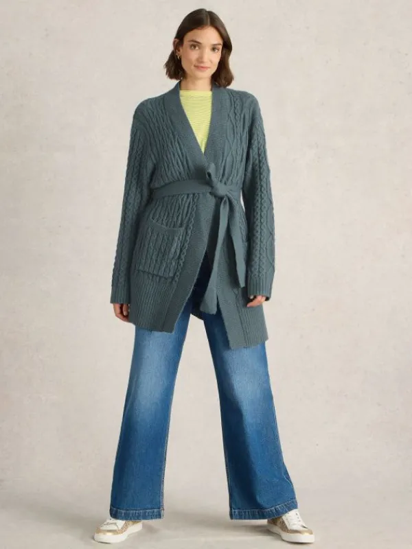 CABLE BELTED CARDIGAN in MID BLUE<White Stuff Sale