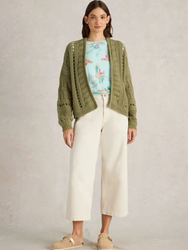 CASEY CROCHET CARDI in KHAKI GREEN<White Stuff New