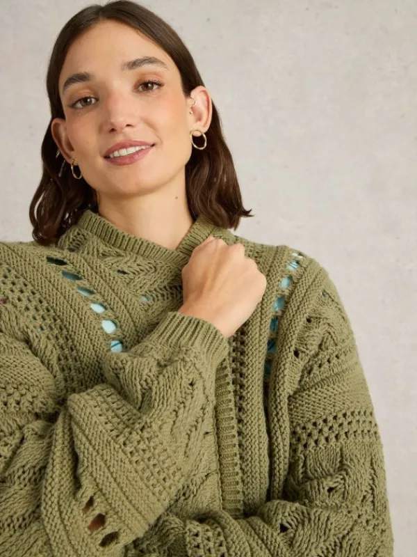 CASEY CROCHET CARDI in KHAKI GREEN<White Stuff New