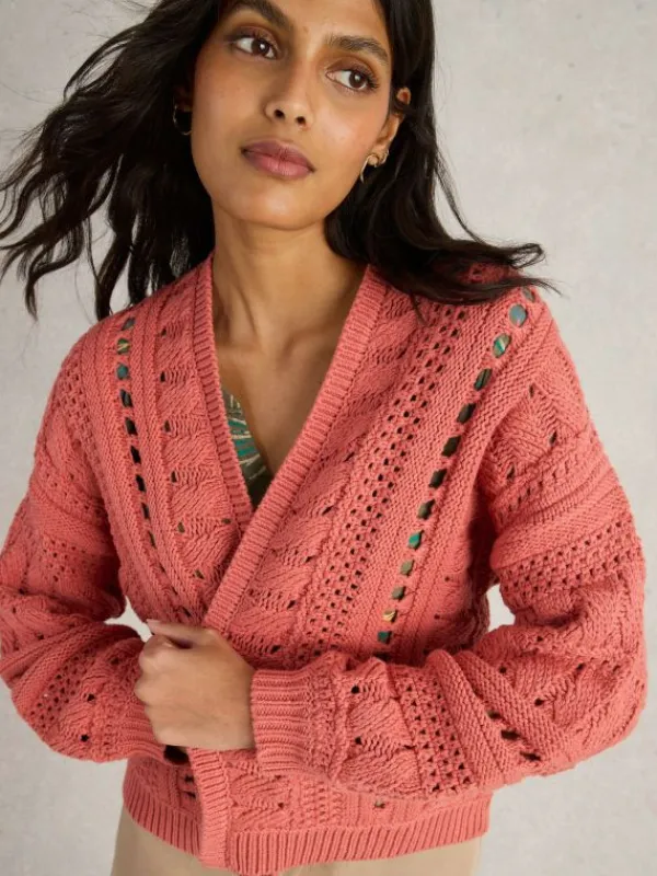 CASEY CROCHET CARDI in MID CORAL<White Stuff Clearance