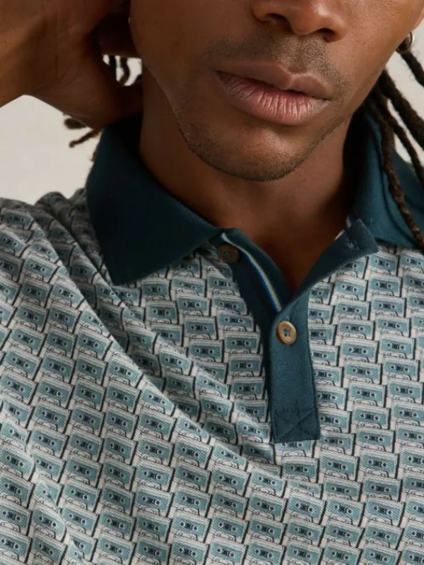 Cassette Tape Printed Polo in TEAL PRINT<White Stuff Discount
