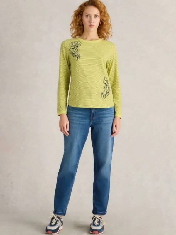 CLARA LONG SLEEVE EMBROIDERED TEE in YELLOW MULTI<White Stuff Fashion