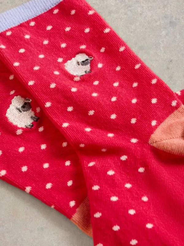 Embroidered Sheep Ankle Socks in BRIGHT PINK<White Stuff Online