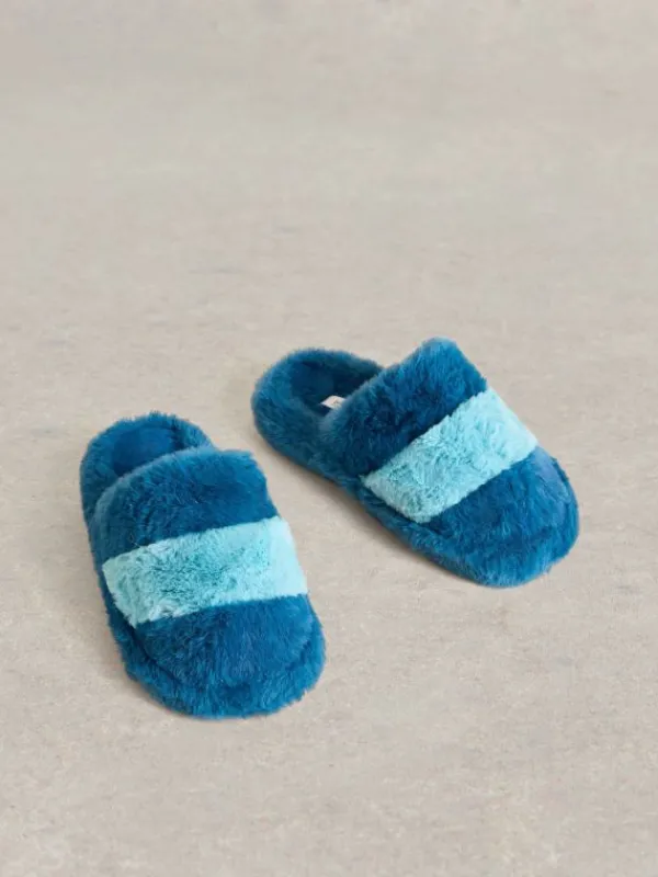 Faux Fur Mule Slippers in TEAL MULTI<White Stuff Hot