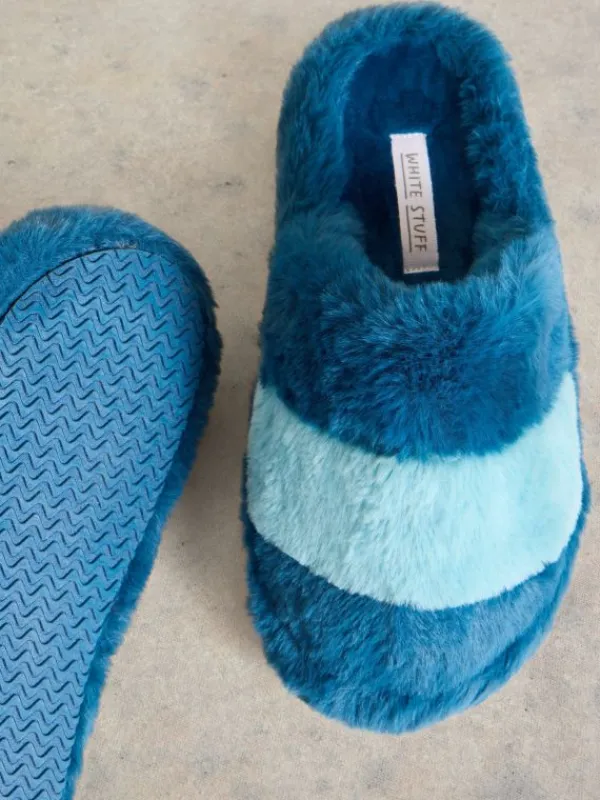 Faux Fur Mule Slippers in TEAL MULTI<White Stuff Hot