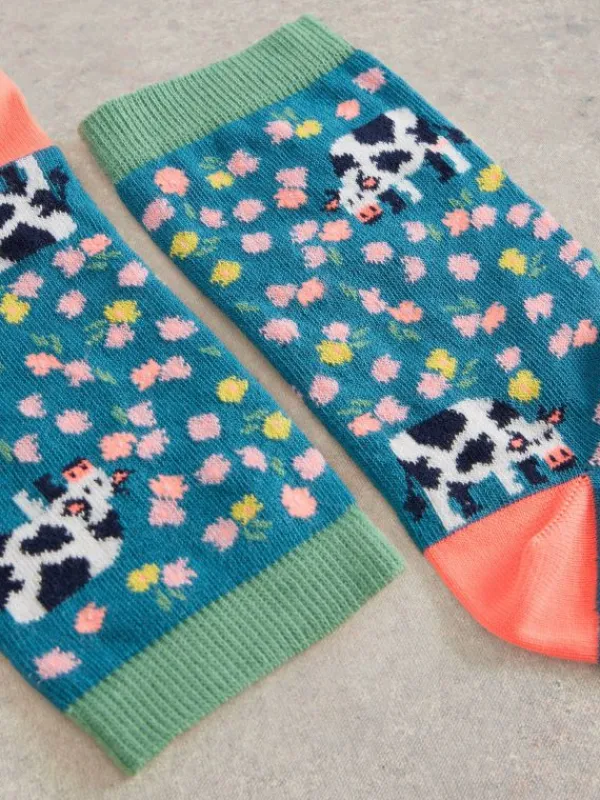 Floral Cow Ankle Sock in TEAL MULTI<White Stuff Best