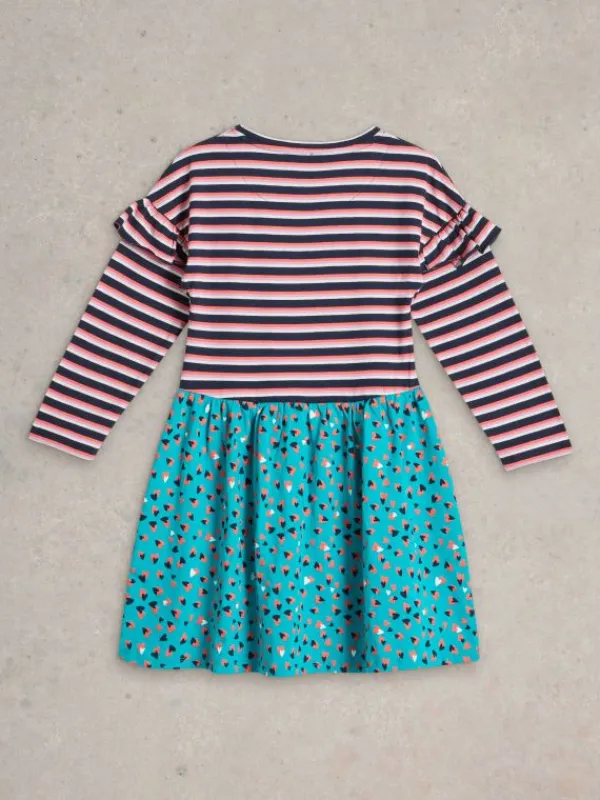 Girls Ditsy Heart Print Jersey Dress in BLUE MULTI<White Stuff Fashion