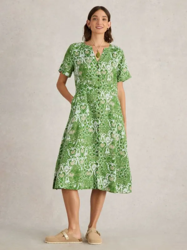 Iris Linen Dress in GREEN PRINT<White Stuff Fashion