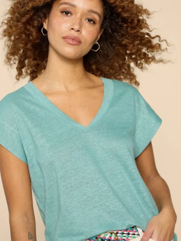 IVY V NECK LINEN TEE in MID TEAL<White Stuff Outlet