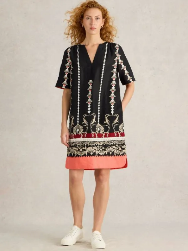 June Linen Short Sleeve Dress in BLACK PRINT<White Stuff Discount
