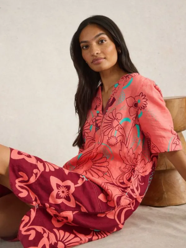 June Linen Short Sleeve Dress in RED MULTI<White Stuff Sale