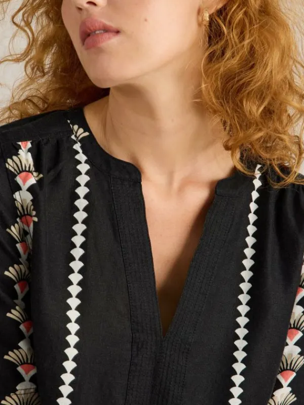 June Linen Short Sleeve Dress in BLACK PRINT<White Stuff Discount
