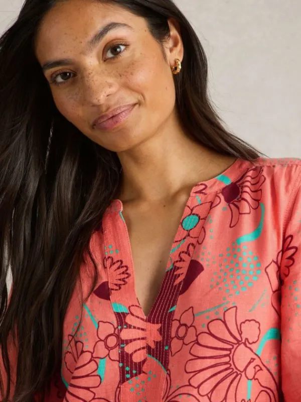 June Linen Short Sleeve Dress in RED MULTI<White Stuff Sale