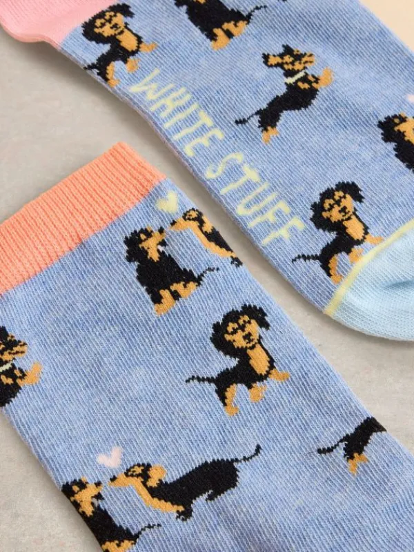 Kissing Sausage Dog Ankle Socks in LIGHT BLUE<White Stuff Best