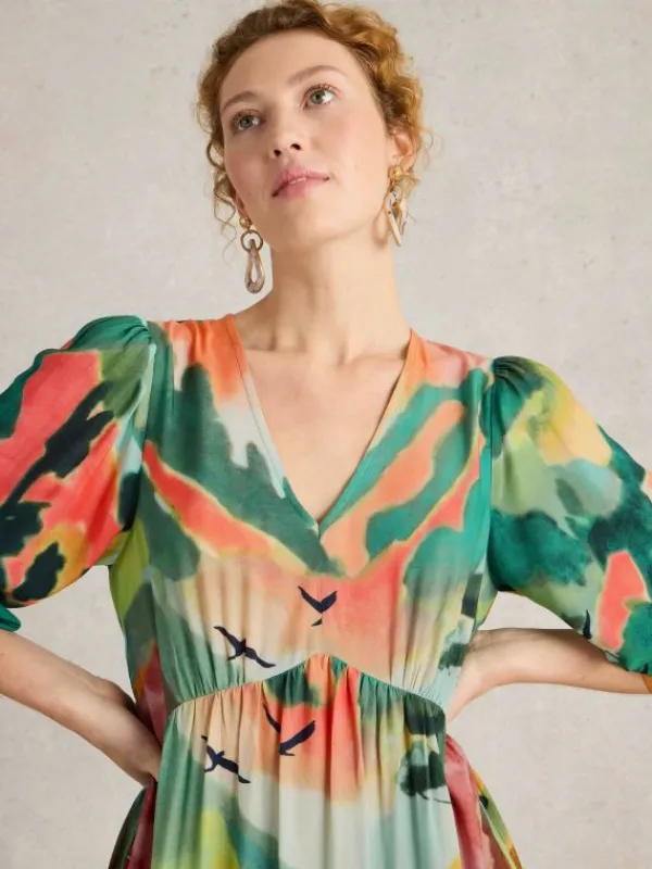 Lucy V Neck Midi Dress in GREEN MULTI<White Stuff Outlet