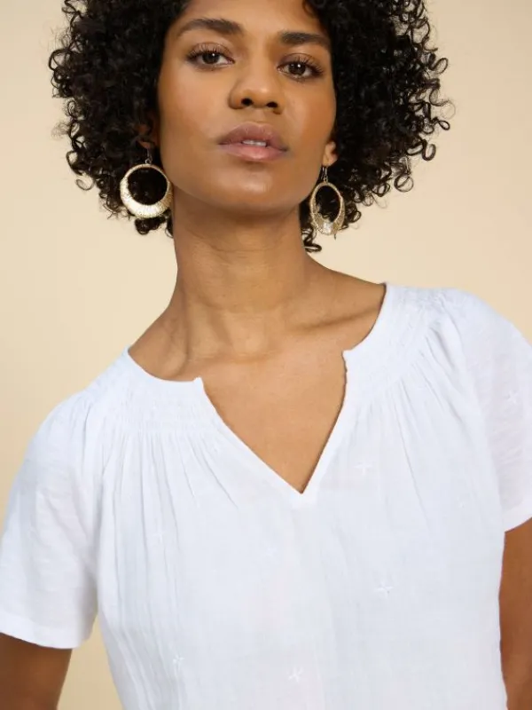 LUELLA NOTCH NECK EMB TOP in BRILLIANT WHITE<White Stuff Best
