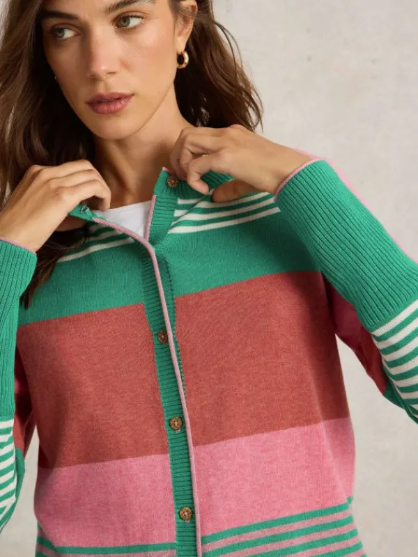 LULU STRIPE CREW NECK CARDI in PINK MULTI<White Stuff Fashion