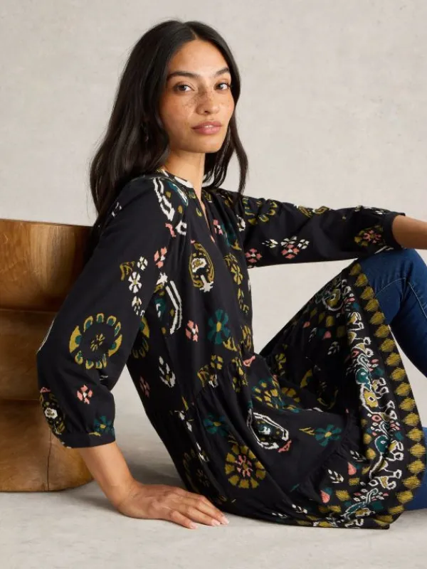 MARTA PRINTED COTTON TUNIC in BLACK PRINT<White Stuff Discount