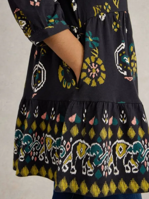 MARTA PRINTED COTTON TUNIC in BLACK PRINT<White Stuff Discount