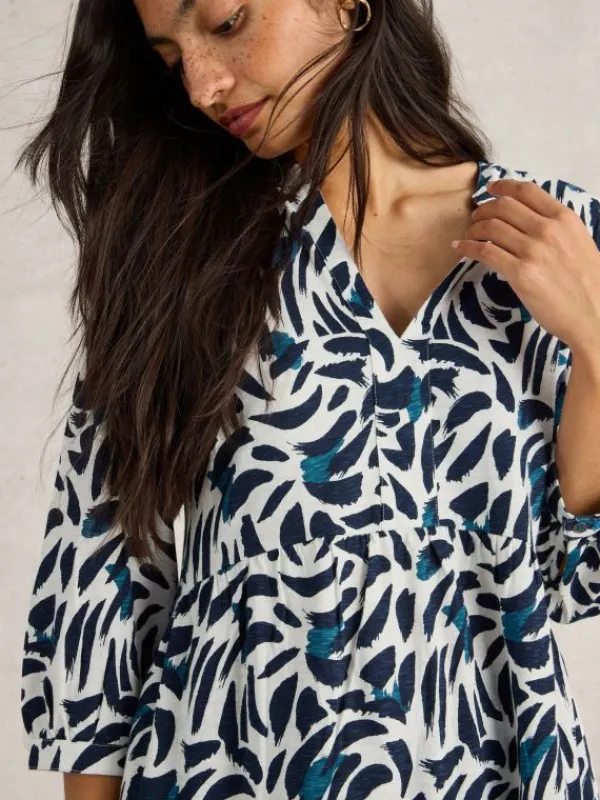 MARTA V NECK TUNIC in BLUE PRINT<White Stuff Best