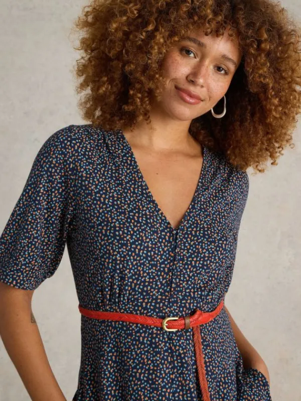 Megan V Neck Jersey Midi Dress in NAVY PRINT<White Stuff Clearance