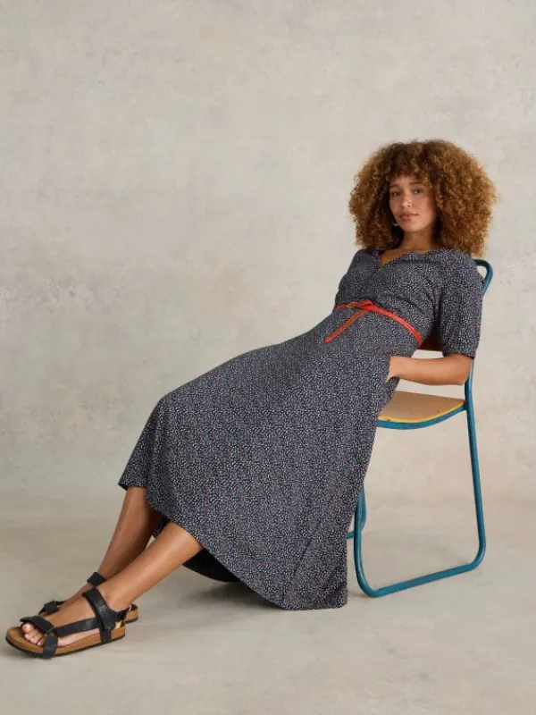 Megan V Neck Jersey Midi Dress in NAVY PRINT<White Stuff Clearance