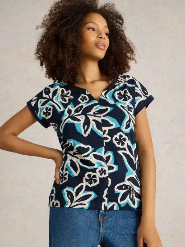 NELLY NOTCH NECK T-SHIRT in NAVY PRINT<White Stuff Fashion