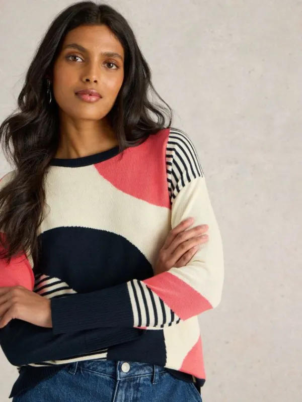 OLIVE ABSTRACT LONG SLEEVE JUMPER in NAVY MULTI<White Stuff Outlet