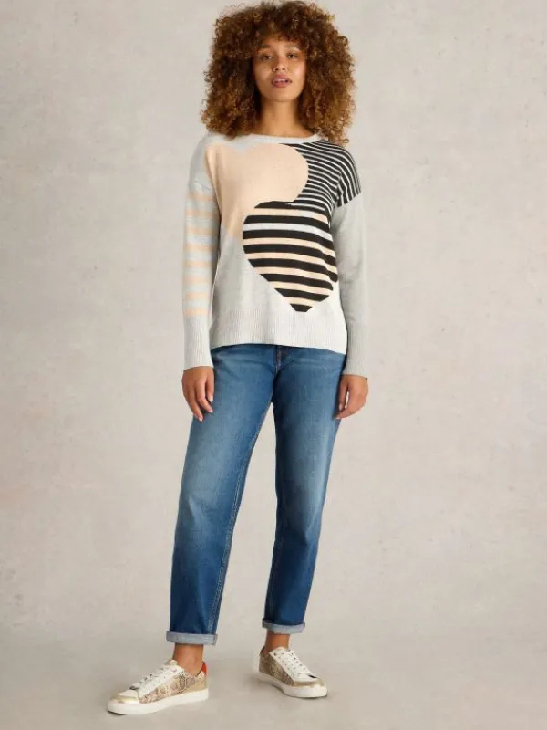 OLIVE STRIPE HEART JUMPER in NATURAL MULTI<White Stuff Hot