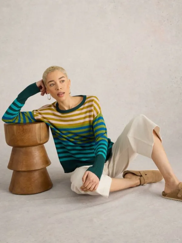 OLIVE STRIPED JUMPER in GREEN MULTI<White Stuff Discount