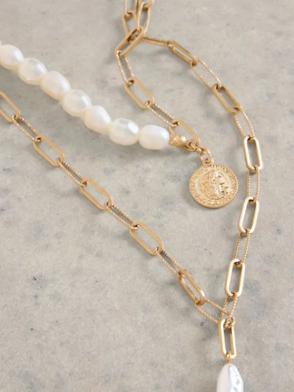 Pearl Multi Layer Necklace in GOLD TONE METALLIC<White Stuff Sale