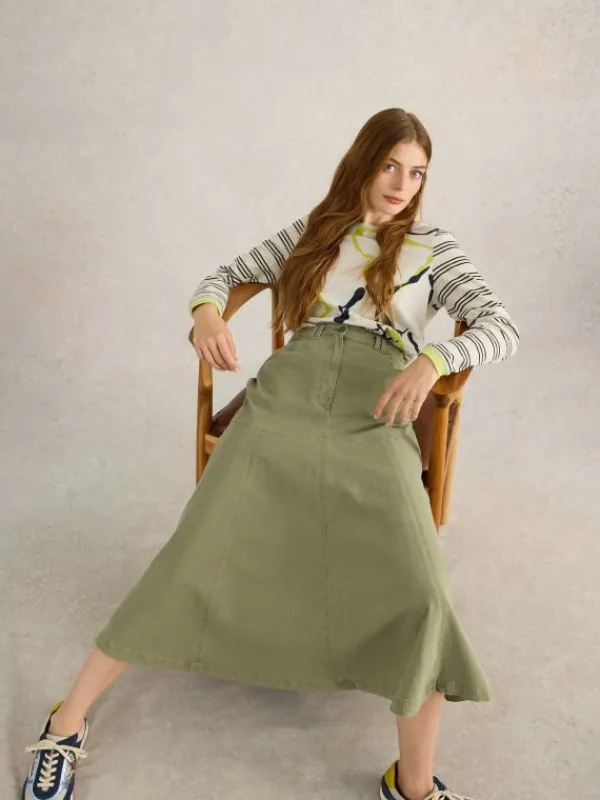 Quinn Midi Skirt in KHAKI GREEN<White Stuff Outlet