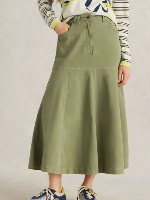 Quinn Midi Skirt in KHAKI GREEN<White Stuff Outlet