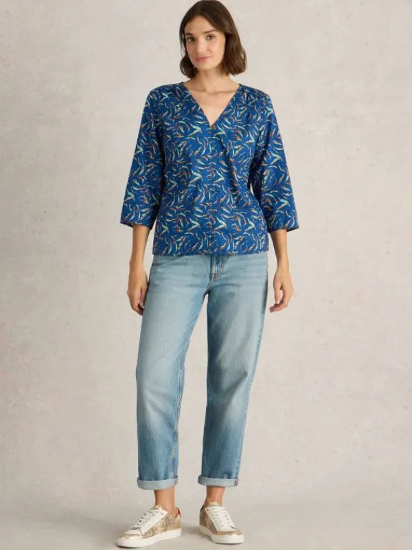 Rae Organic V Neck Cotton Top in BLUE PRINT<White Stuff Sale