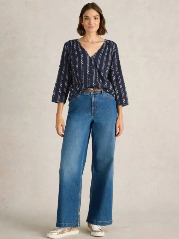 Rae Organic V Neck Cotton Top in NAVY MULTI<White Stuff Sale