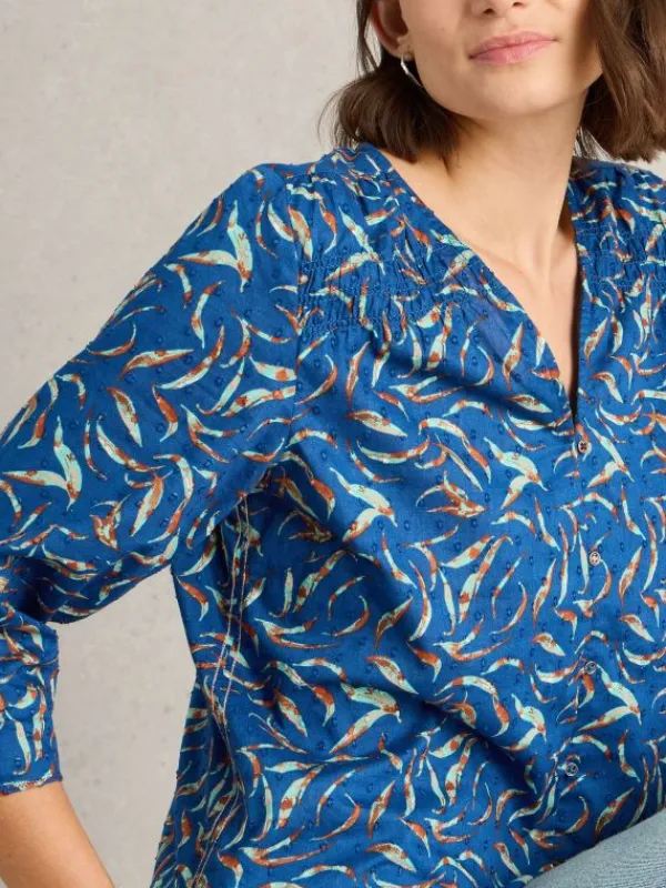 Rae Organic V Neck Cotton Top in BLUE PRINT<White Stuff Sale