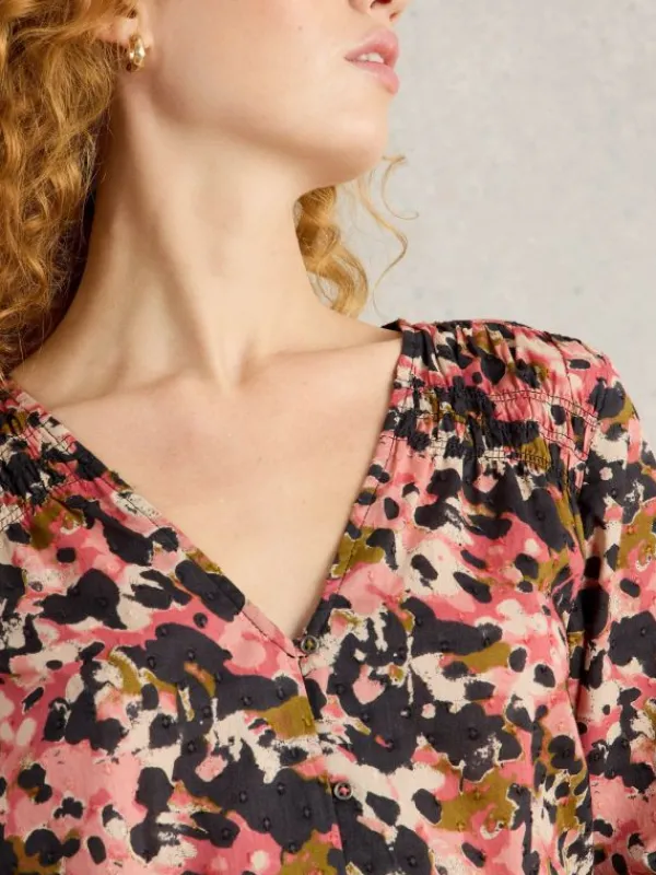 Rae Organic V Neck Cotton Top in PINK PRINT<White Stuff New
